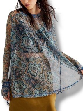 Free People Mesh Paisley Sheer Split Tunic Top Side Size Small Blue Green